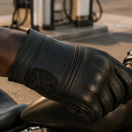 A rider checks curved-finger gloves on a stationary motorcycle grip, with sparse monochrome stitching on a supported dorsal patch.