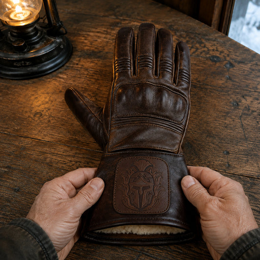 A lined brown club glove shows its soft cuff interior beside a thin leather logo patch.