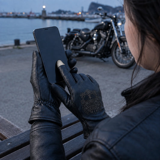A rider uses a phone with a black full-finger glove carrying a charcoal engraved bird emblem.