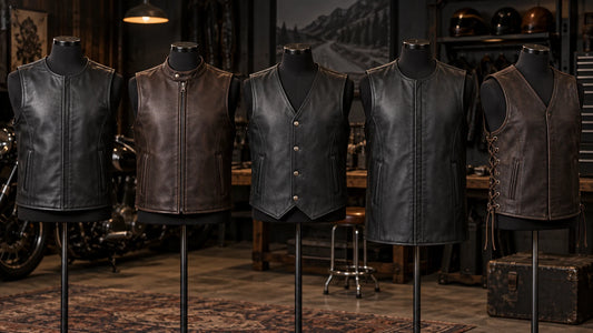 Five blank motorcycle club leather vest cuts compared in a clean workshop lineup.
