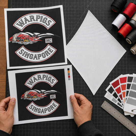 A production artist compares authorized club artwork with a diamond flag fabric proof on an inspection desk.