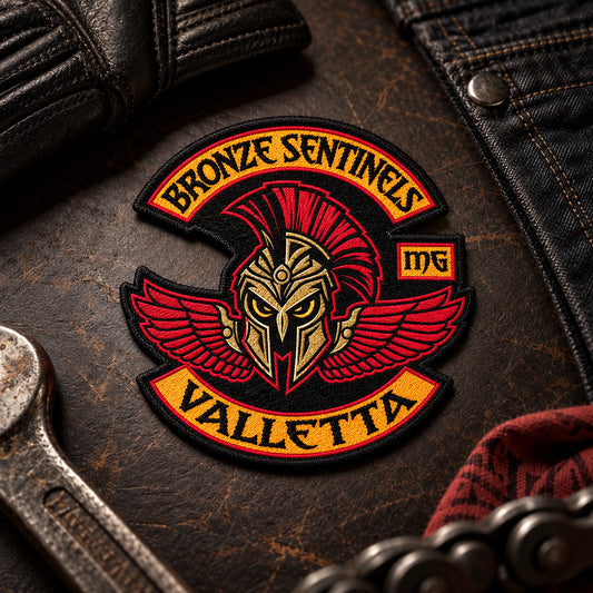 Small shield emblem chest patch with fictional monogram for a motorcycle club, shown at dark leather workbench.