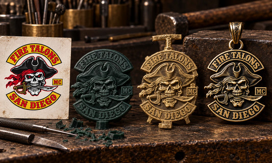 Motorcycle club logo progressing into a finished solid brass pendant.