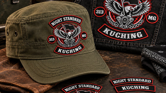 Olive cadet cap coordinated with a club vest, patches and pins.