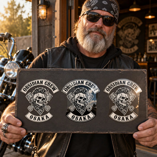 Rider comparing matte, glossy and protective-laminated motorcycle club sticker finishes in natural light.