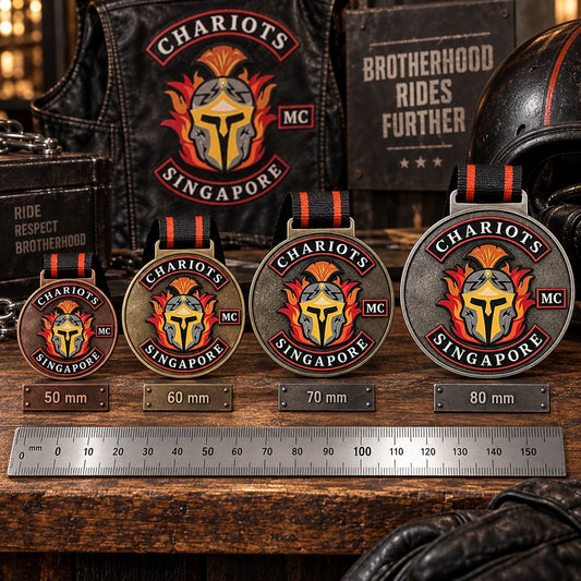 Four solid medals showing realistic 50 mm, 60 mm, 70 mm and 80 mm size progression beside a ruler. Custom motorcycle club medal.