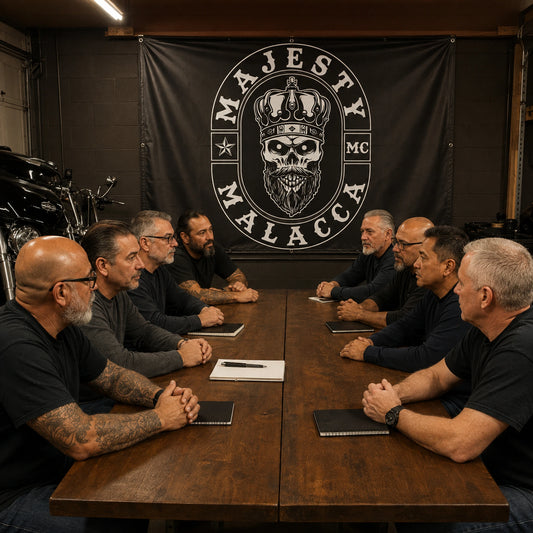 A motorcycle chapter meeting beneath a custom club identity banner in a garage.