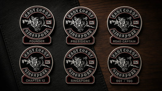 Six personalized motorcycle club anniversary badges for founders, officers, chapters, locations and numbered editions.
