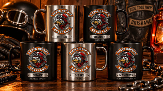 Wide coordinated set differentiated by neutral nameplate shapes and accent colors displaying an authorized logo for a custom motorcycle club metal mug project.