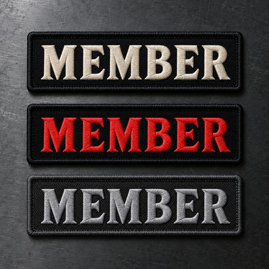 Member status tabs shown as a custom motorcycle club membership patch product.
