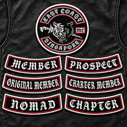 Motorcycle club membership and chapter designation patches displayed together.