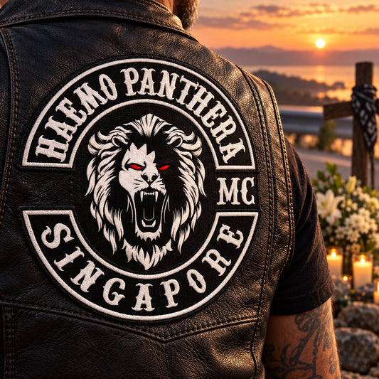 Solid remembrance patch on leather vest shown for a custom motorcycle club patch system in sunset roadside memorial.