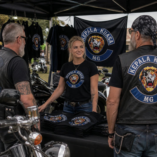 A motorcycle club merchandise booth displays custom hanging flags for members and supporters at a rally.