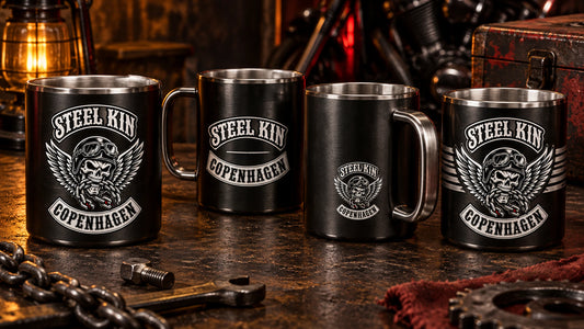 Four views showing front reverse member panel and wrap zones with blank guides displaying an authorized logo for a custom motorcycle club metal mug project.