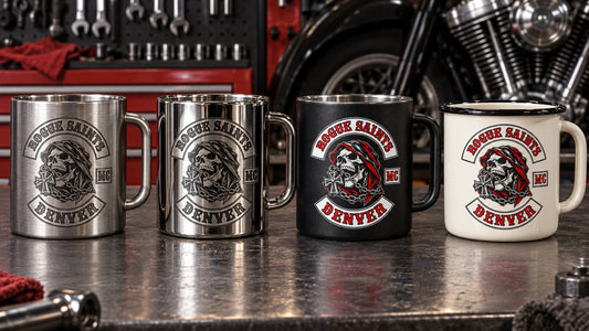 Wide lineup of brushed polished powder-coated and enamel finishes displaying an authorized logo for a custom motorcycle club metal mug project.