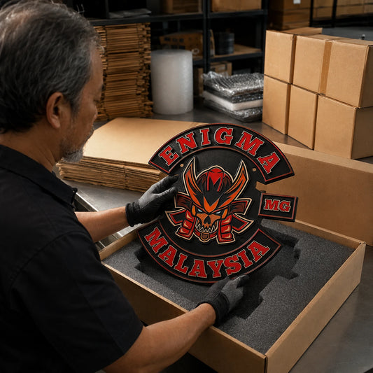 Finished motorcycle club metal sign being inspected and packed in protective foam for shipping.