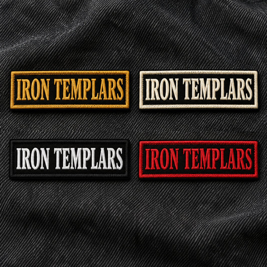 Coordinated border color samples aligned with established motorcycle club colors, showing custom motorcycle club name bar patch options.
