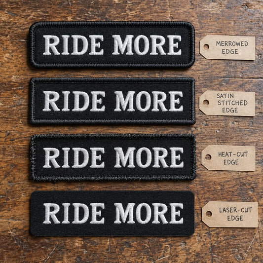 Macro comparison of merrowed, satin-stitched, heat-cut and laser-cut name-bar edges, showing custom motorcycle club name bar patch options.