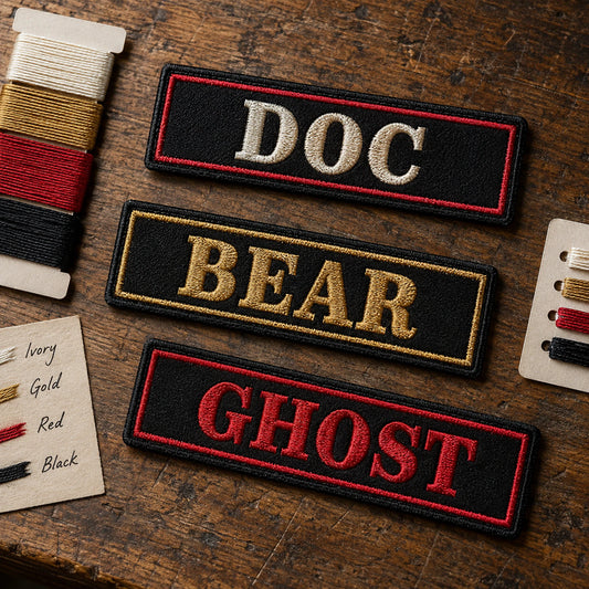 Small thread cards and embroidered name-bar samples arranged for color matching under neutral inspection lighting, products dominant and no logo reference visible, showing custom motorcycle club name bar patch options.