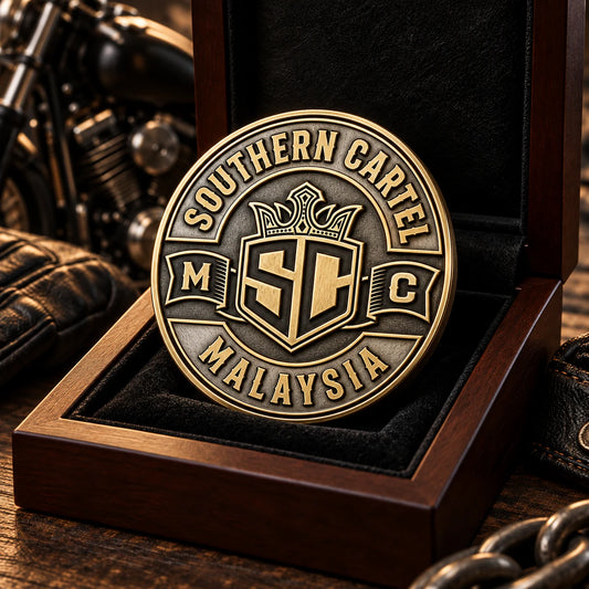 Motorcycle club officer recognition challenge coin in a presentation case.