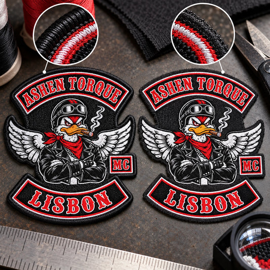 Merrowed and heat-cut edge samples for a motorcycle club, shown at embroidery quality-control table.