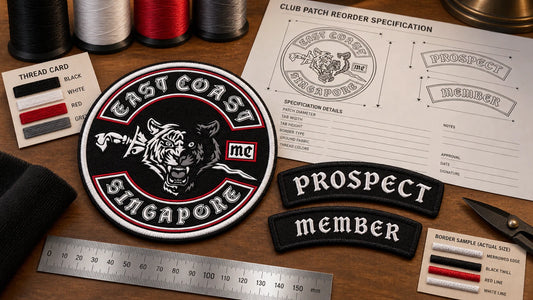 Club patch specifications saved for consistent reorders shown as a custom motorcycle club membership patch product.