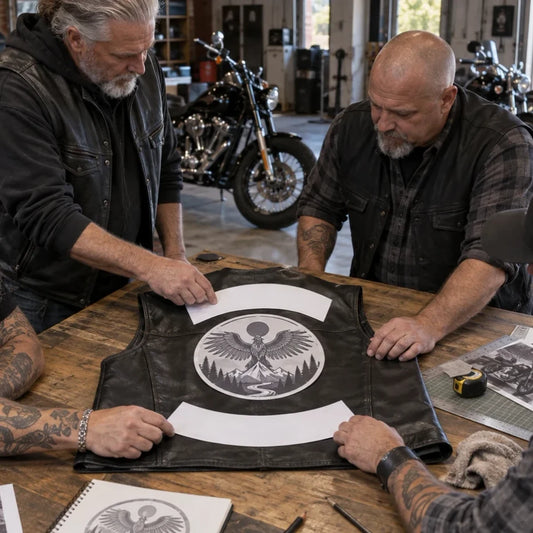 Motorcycle club patches and badges arranged for artwork and stitching review.