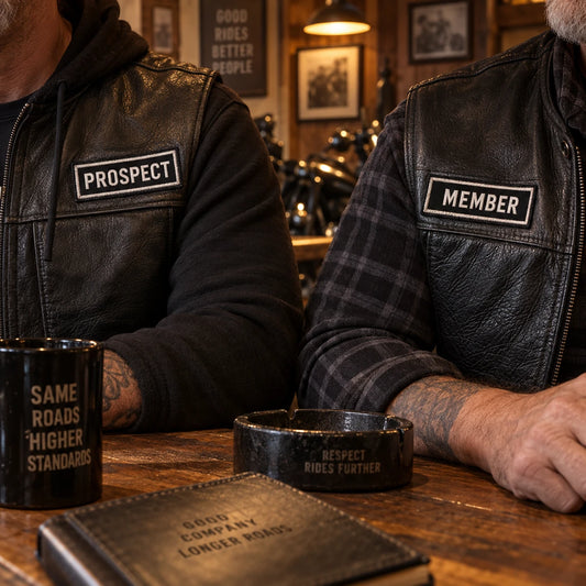 Membership patches at chapter meetings shown as a custom motorcycle club membership patch product.