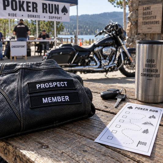 Membership patches for poker runs shown as a custom motorcycle club membership patch product.