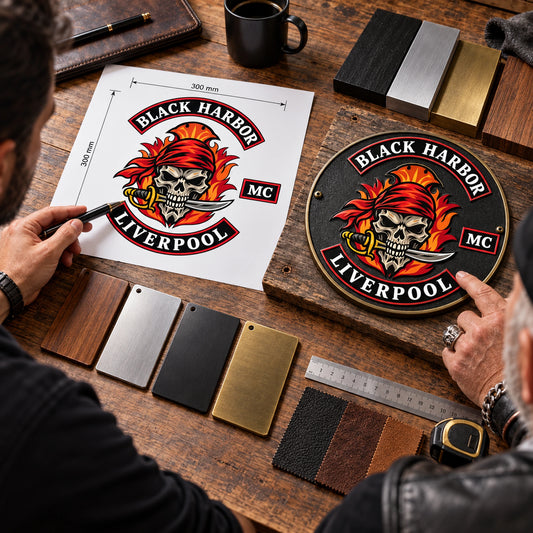 Motorcycle club plaque artwork, material and finish being approved before production.
