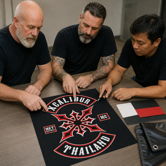 Club officers confirming artwork and material details for a custom event banner.