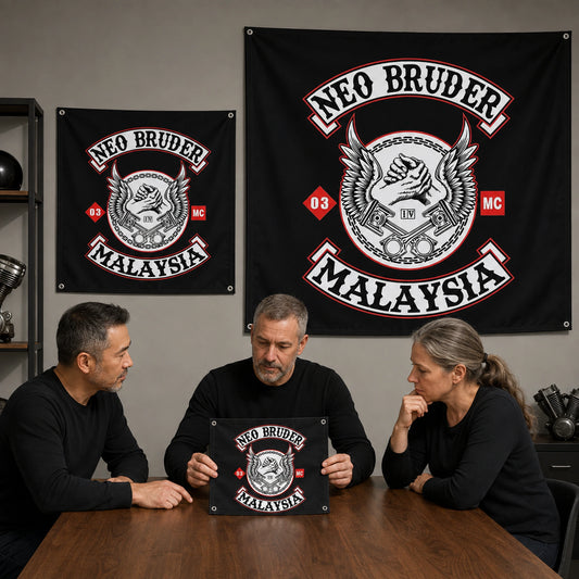 Club buyers comparing several custom event banner sizes with a production coordinator.