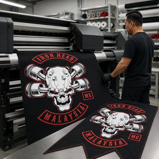 Professional textile printing process producing a sharp custom motorcycle club swallowtail flag.