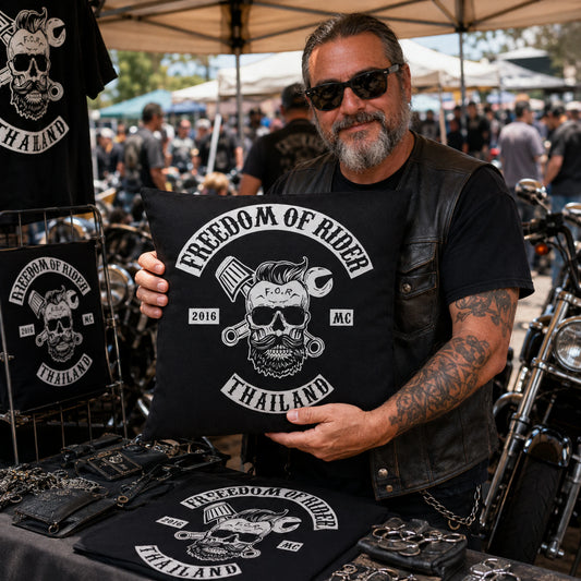 Custom motorcycle club cushion offered as limited merchandise at an annual rally.