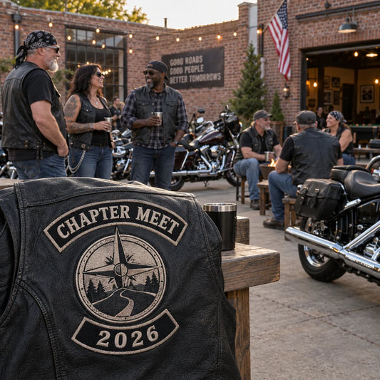 Motorcycle club rally volunteers preparing event patches and flags for arriving riders.