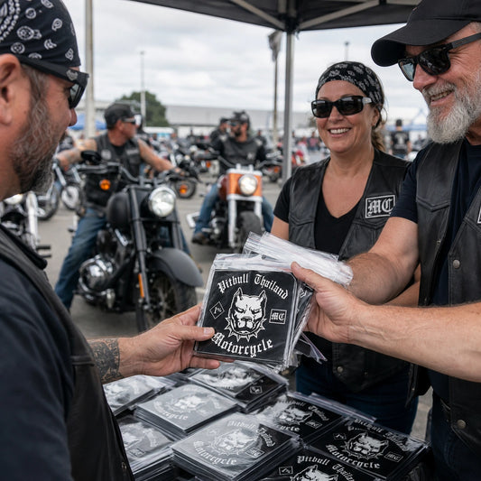 Motorcycle rally volunteers handing custom club sticker packs to arriving V-twin riders at event check-in.