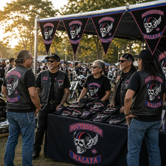 Custom triangle flags identify a motorcycle club booth at a lively late-afternoon rally.