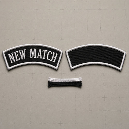Custom motorcycle club replacement rocker matched beside a neutral blank reference patch on a consultation table.