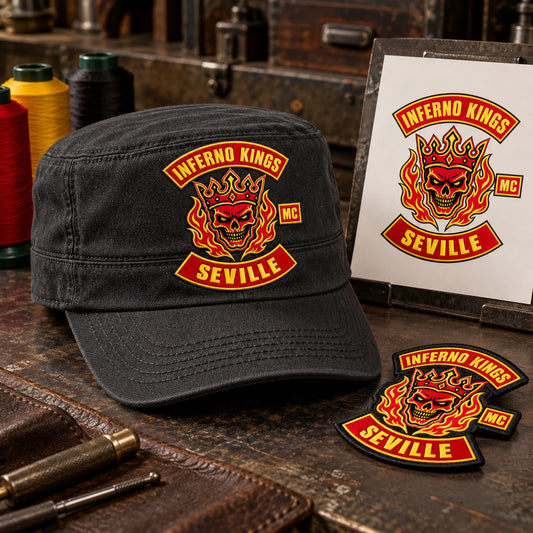 Cadet cap, design proof, embroidery threads and patch sample prepared for review for a motorcycle club.
