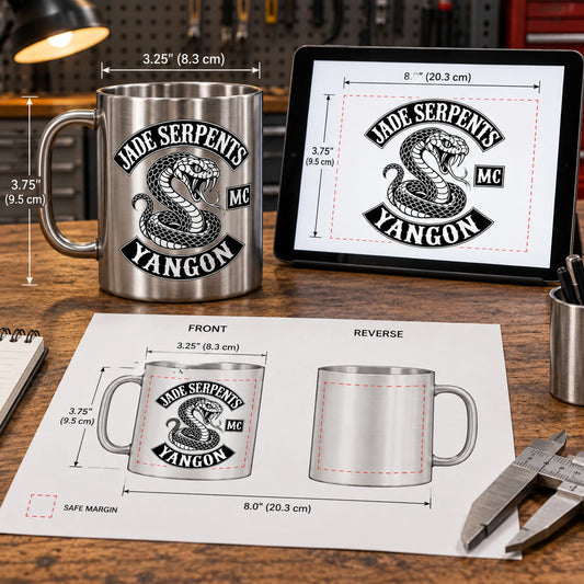 True-size blank mug proof with handle orientation diagrams displaying an authorized logo for a custom motorcycle club metal mug project.
