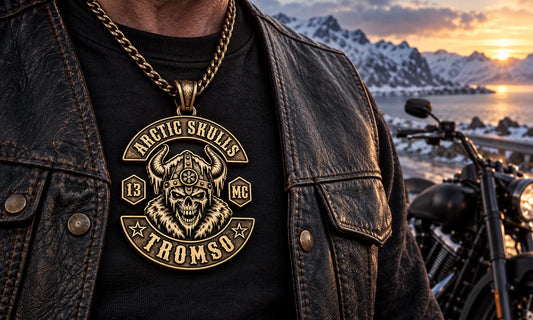 Motorcycle club rider wearing a custom Arctic Skulls solid brass pendant.