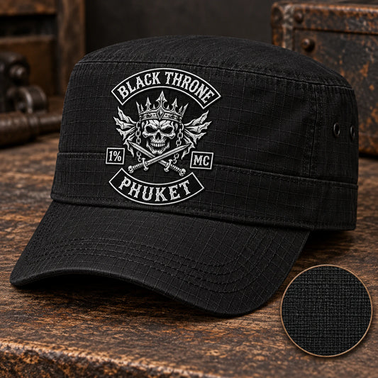 Black ripstop cotton cadet cap with visible grid weave and matching swatch for a motorcycle club.