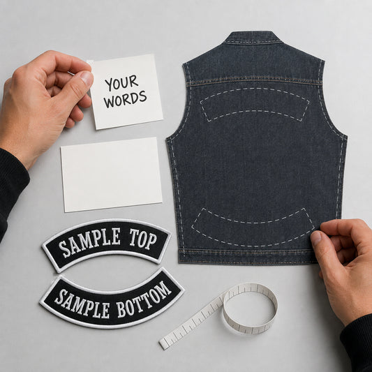 Motorcycle club rocker artwork intake with neutral wording notes, blank references, and vest measurements.