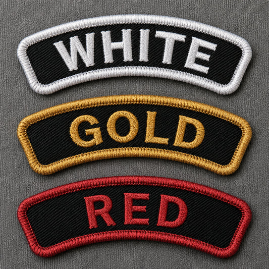 Custom motorcycle club rocker border samples showing raised merrowed stitching in coordinated colors.