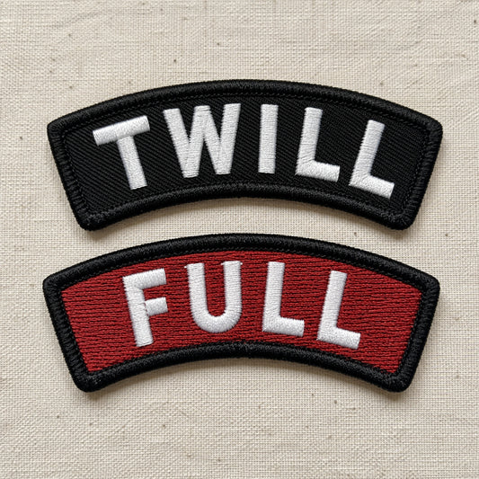Custom motorcycle club rocker samples comparing twill-ground and dense full-embroidery coverage.