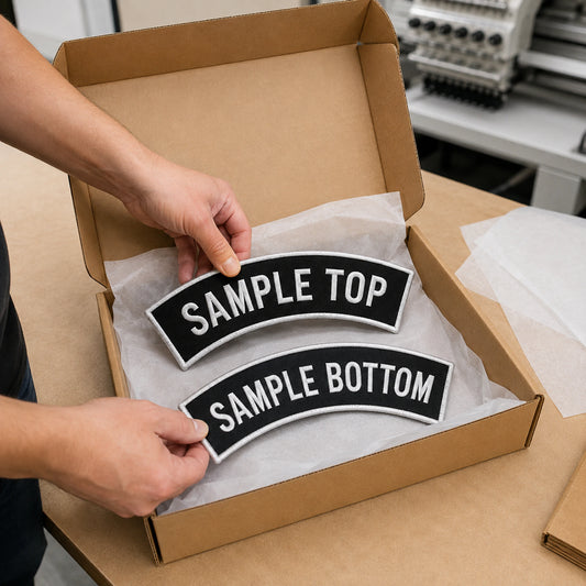 Motorcycle club rocker order packed after embroidery production and quality inspection at a clean shipping station.