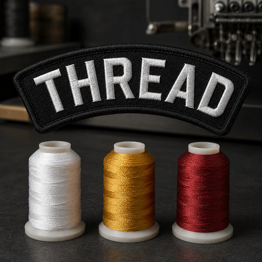 Custom motorcycle club rocker sample beside white, gold, and red embroidery thread color selections.