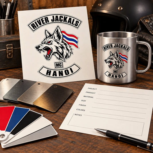 Artwork intake desk with blank crest card and metal mug catalog displaying an authorized logo for a custom motorcycle club metal mug project.