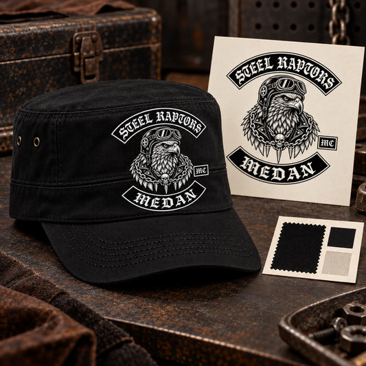 Black cadet cap beside authorized club artwork and fabric colors.