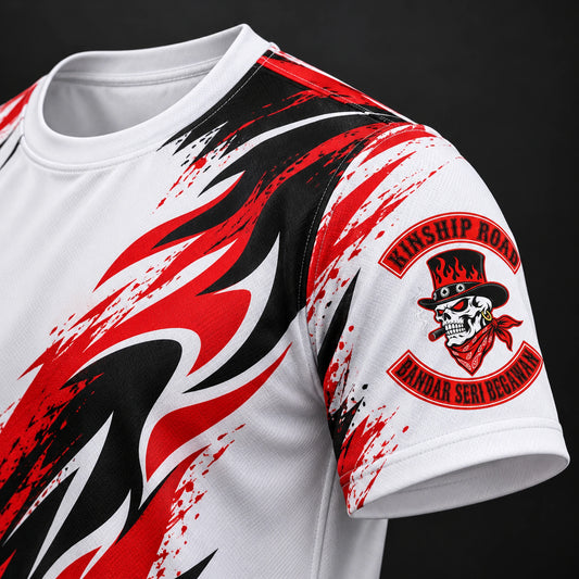 Close-up of custom sleeve, collar and seam printing on a motorcycle club performance shirt.